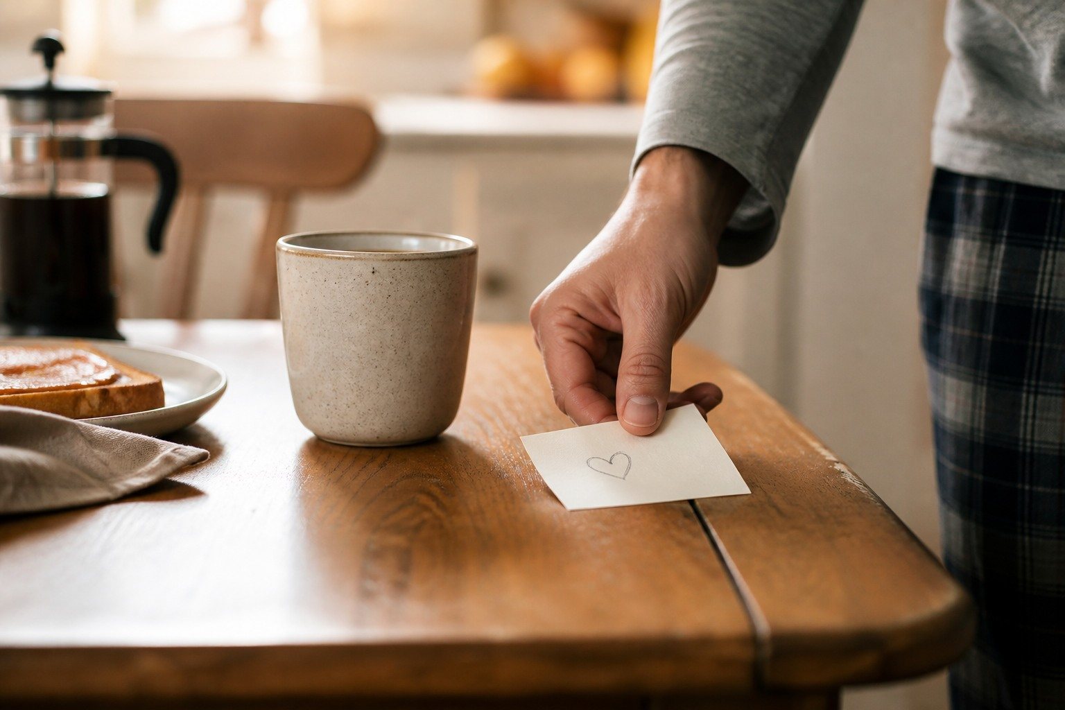 Nota de cariño junto a una taza preparada para la pareja
