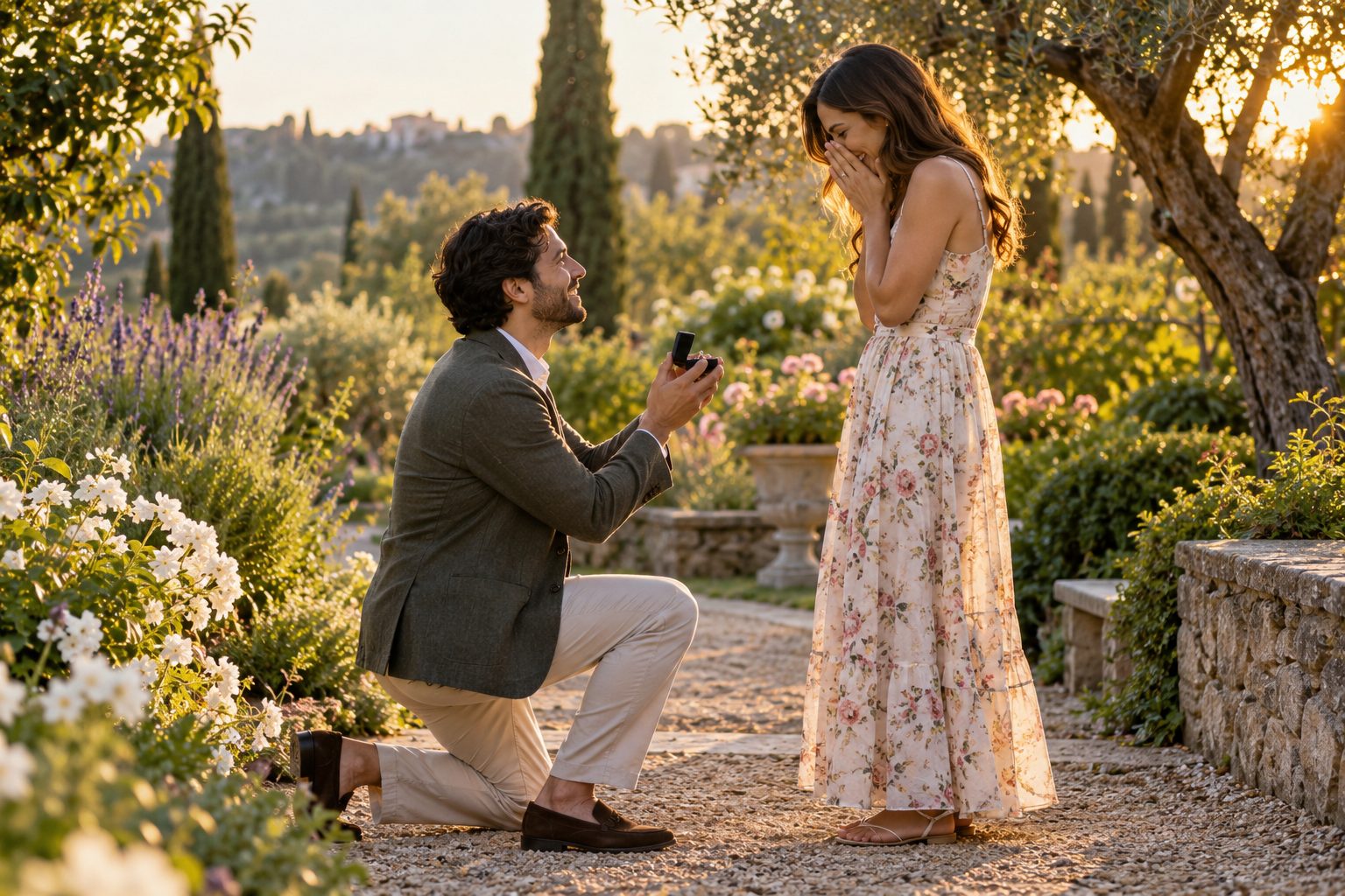 Una propuesta de matrimonio íntima en un jardín Un hombre adulto arrodillado ofrece una caja con un anillo a su pareja en un sendero de jardín al atardecer
